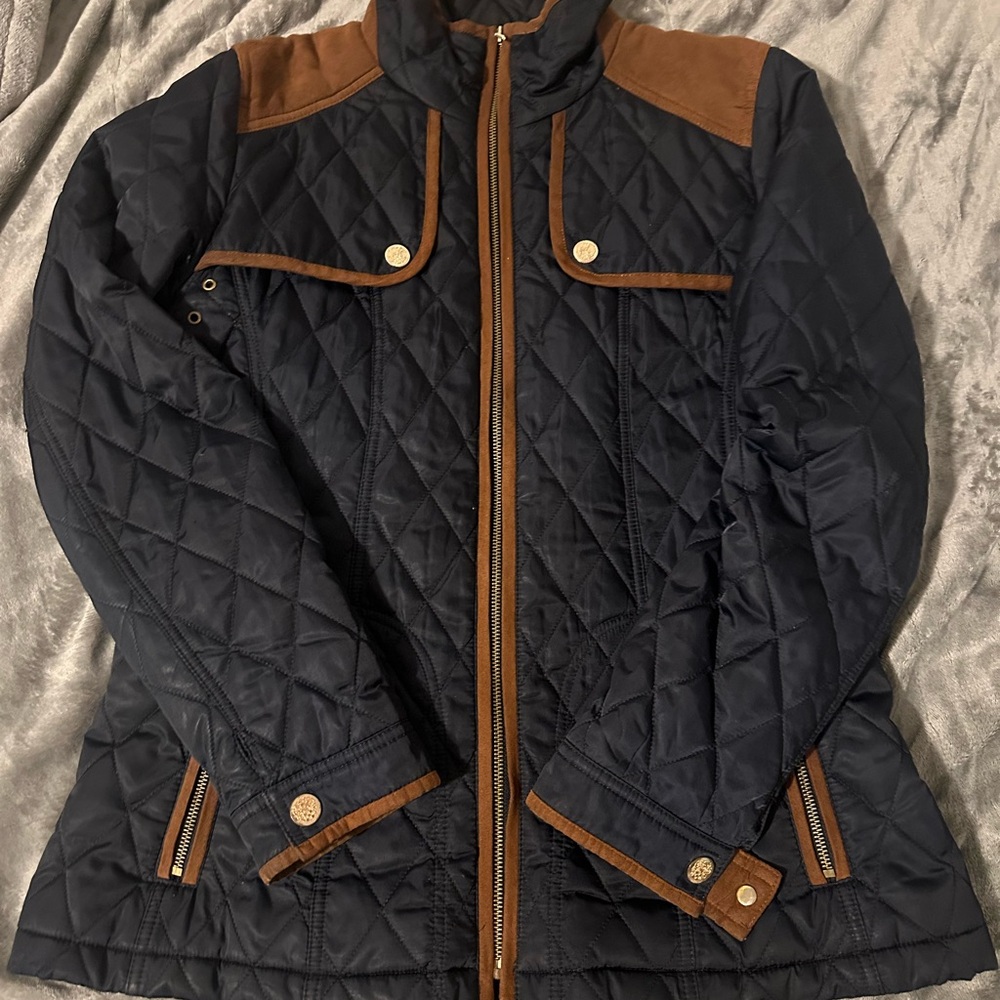 Fall Women's Black Quilted Jacket with Brown Accents